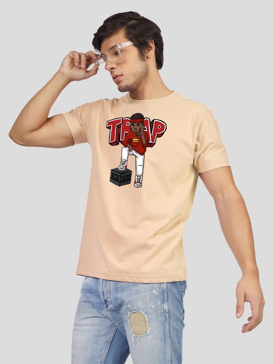 

Greylongg Men Graphic Printed Round Neck Cotton T-shirt, Beige