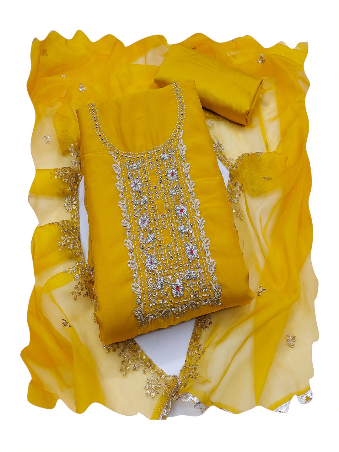 

HERE&NOW Embroidered Organza Unstitched Dress Material, Yellow
