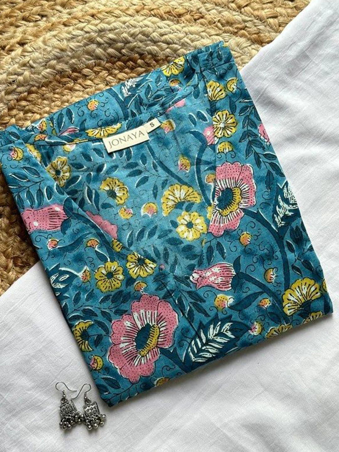 

JONAYA Floral Printed Cotton Peplum Top, Teal