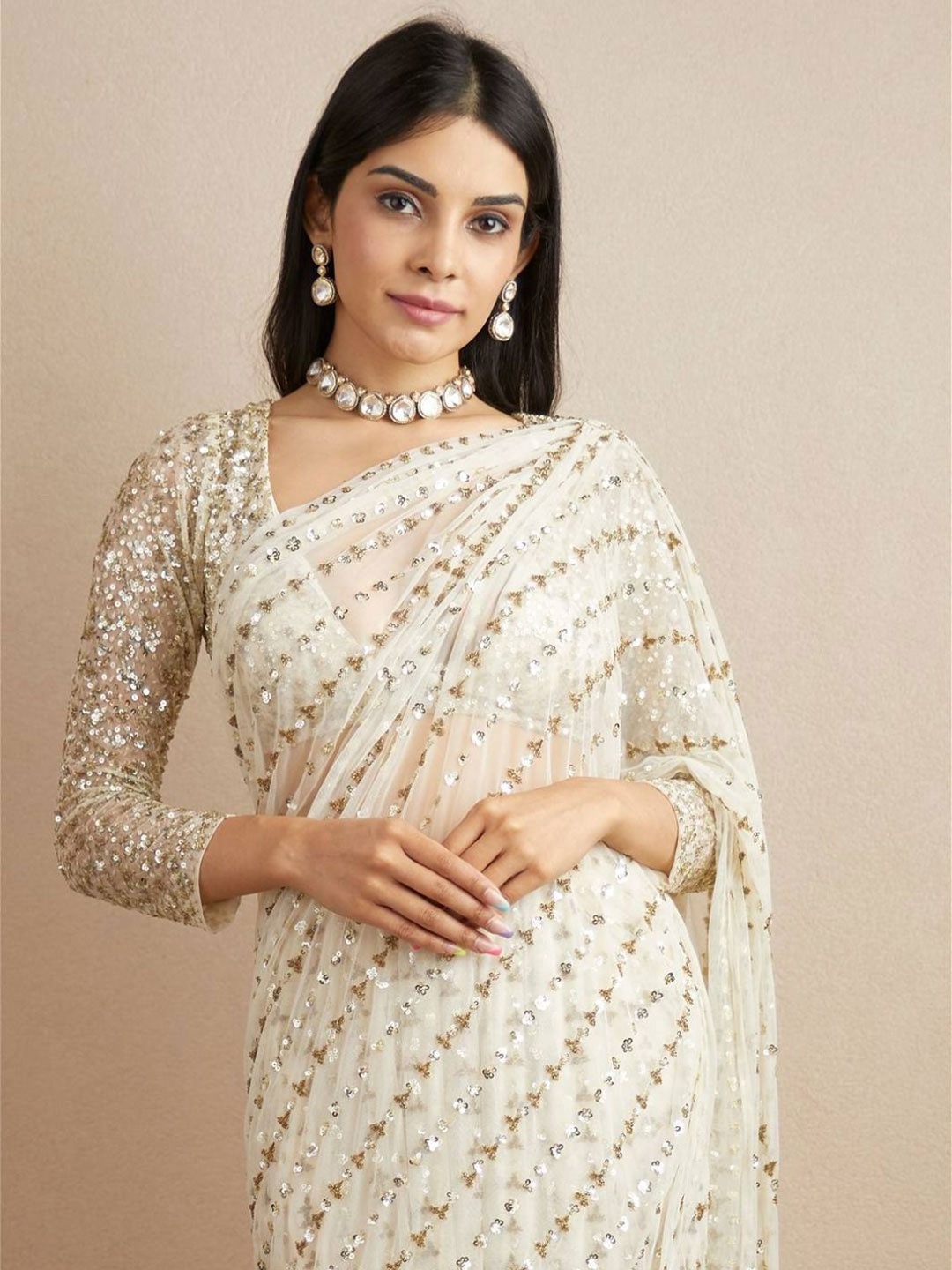 

PAYAL CREATION Striped Sequinned Pure Georgette Saree, White