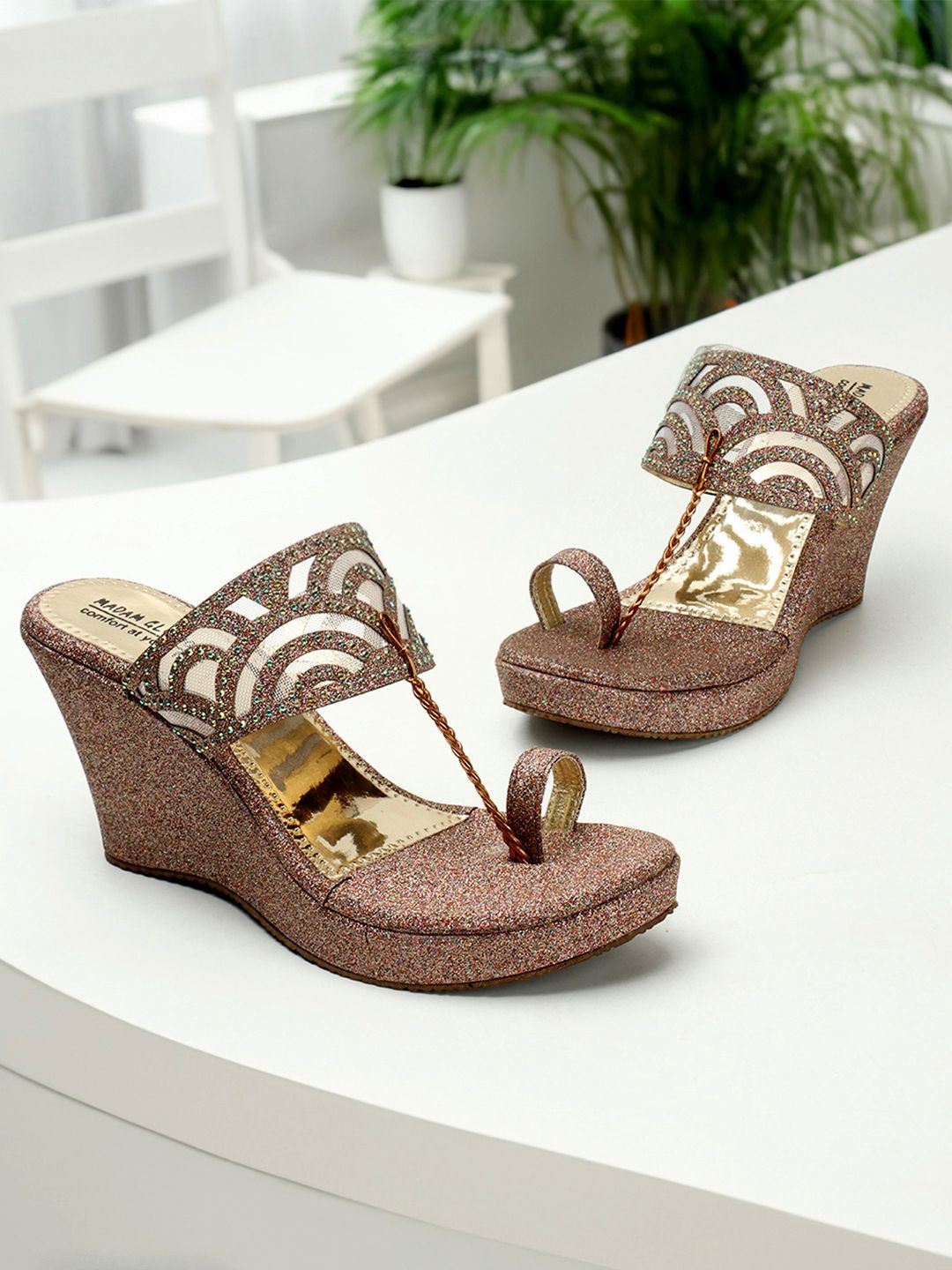 

madam glorious Embellished Ethnic Wedge Sandals, Copper