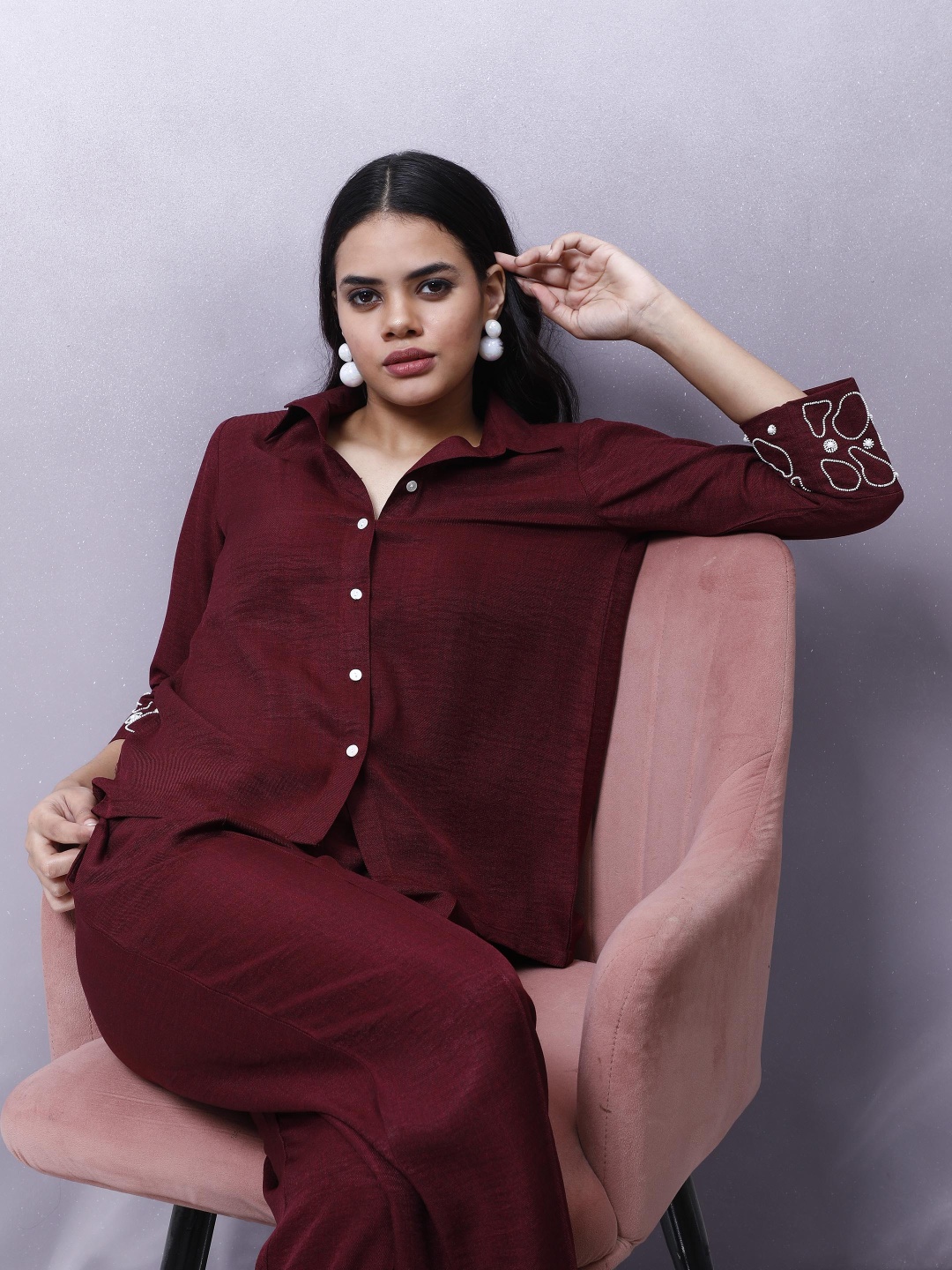 

Shally Bhasin by Athena Embellished Shirt With Trouser Co-Ords, Maroon