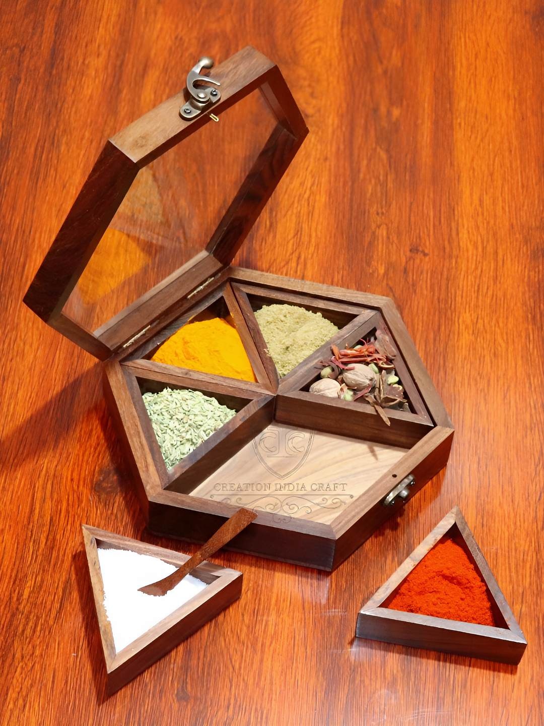 

Creation India Craft Brown Easy to Clean Wooden Spice Box