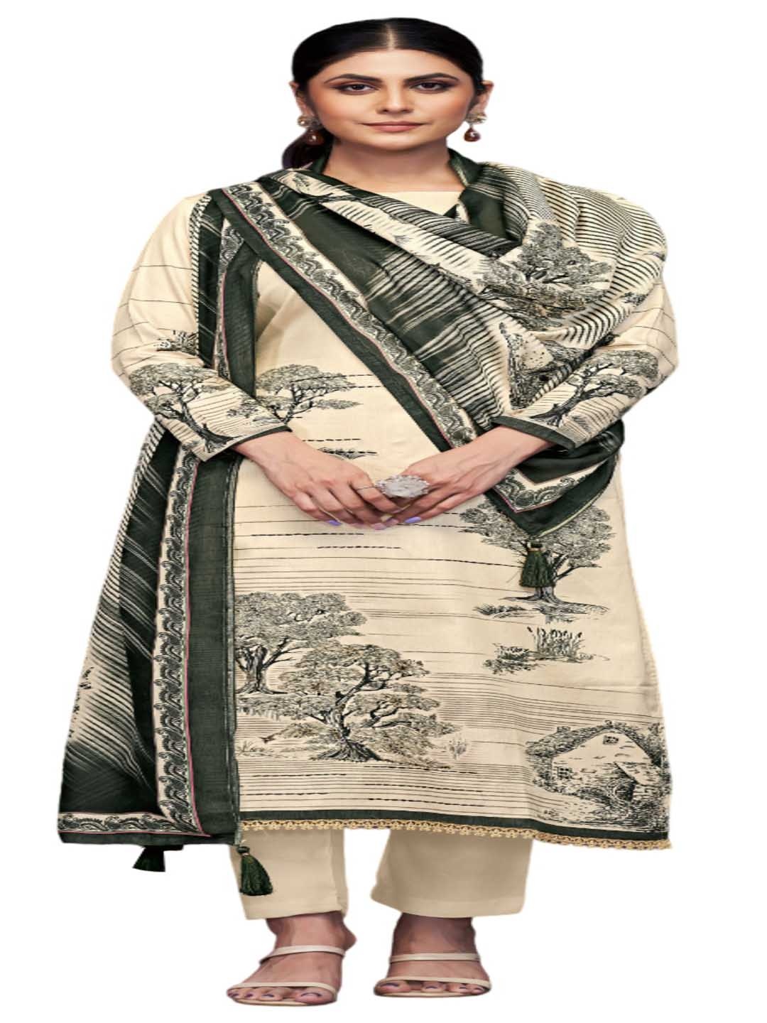 

DRAVINAM Trends Floral Embroidered Pure Cotton Unstitched Dress Material, Cream