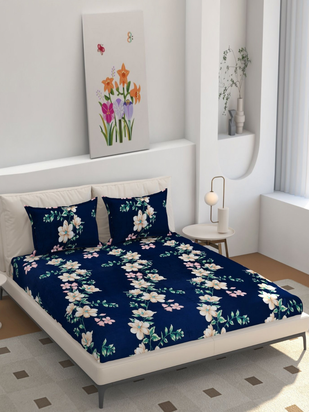 

hargunz Blue And Green Floral Printed 350 TC Wool Queen Bedsheet Set 1.981 m x 1.828m