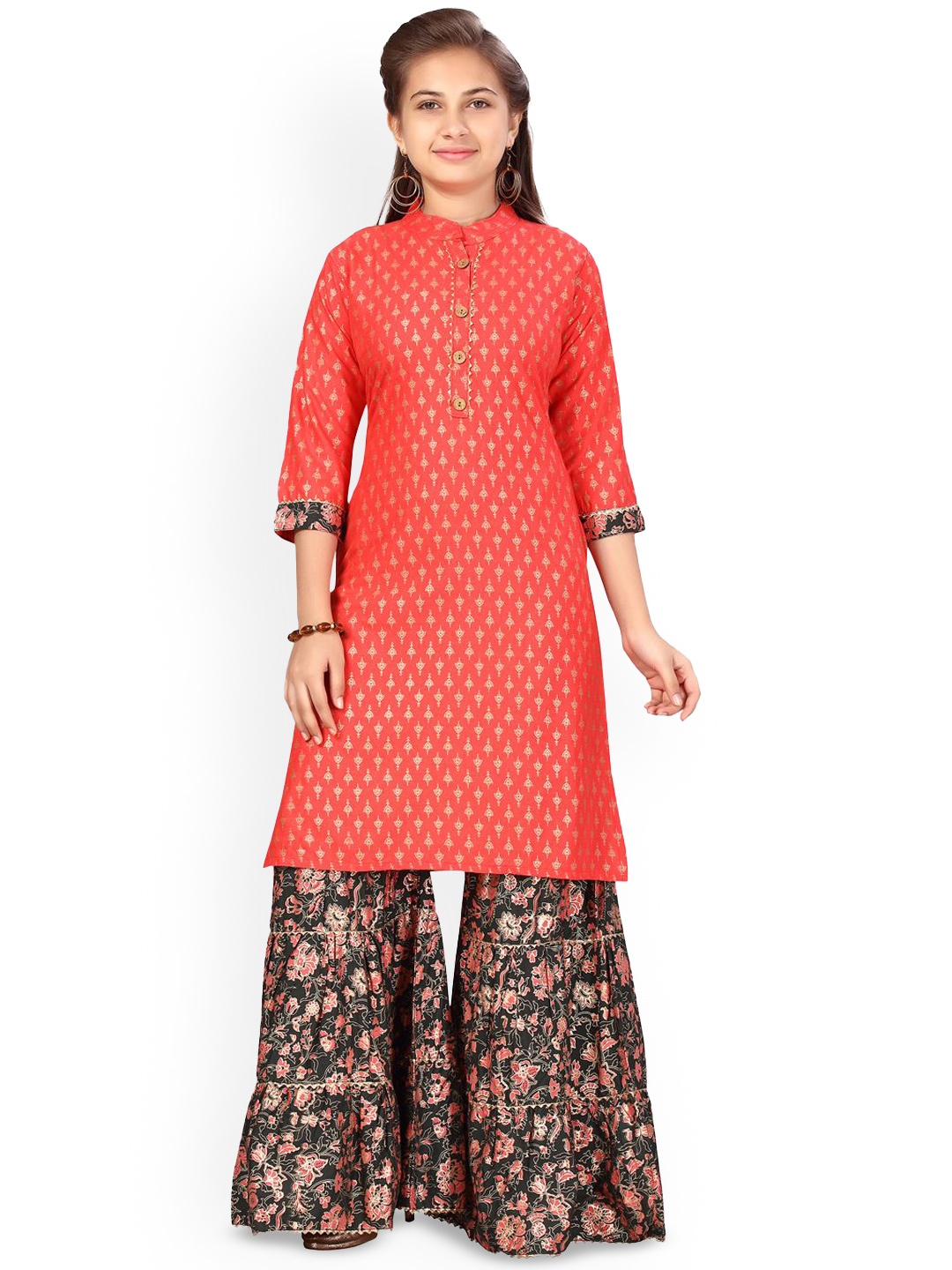 

BAESD Girls Ethnic Motifs Printed Mandarin Collar Pure Cotton Straight Kurta With Sharara, Red