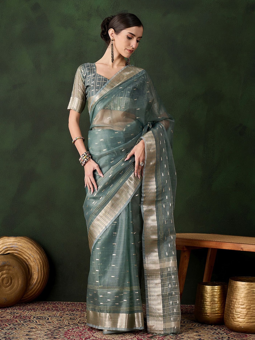 

Mitera Woven Design Zari Organza Kanjeevaram Saree, Green