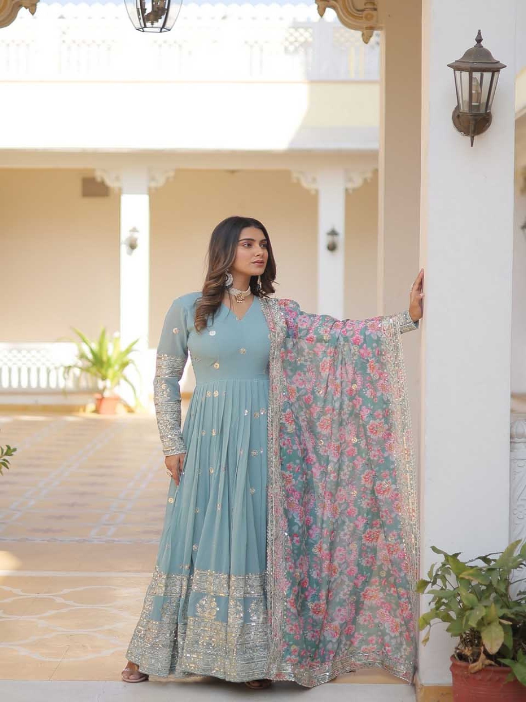

mimi design Floral Embroidered Silk Georgette Anarkali Kurta With Trousers & Dupatta, Teal