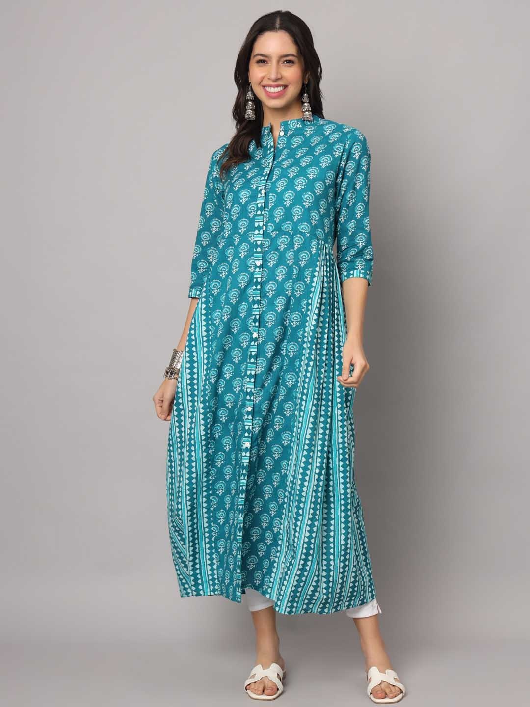 

SUBAGI FASHION Floral Printed Mandarin Collar Pure Cotton Anarkali Kurtas, Teal