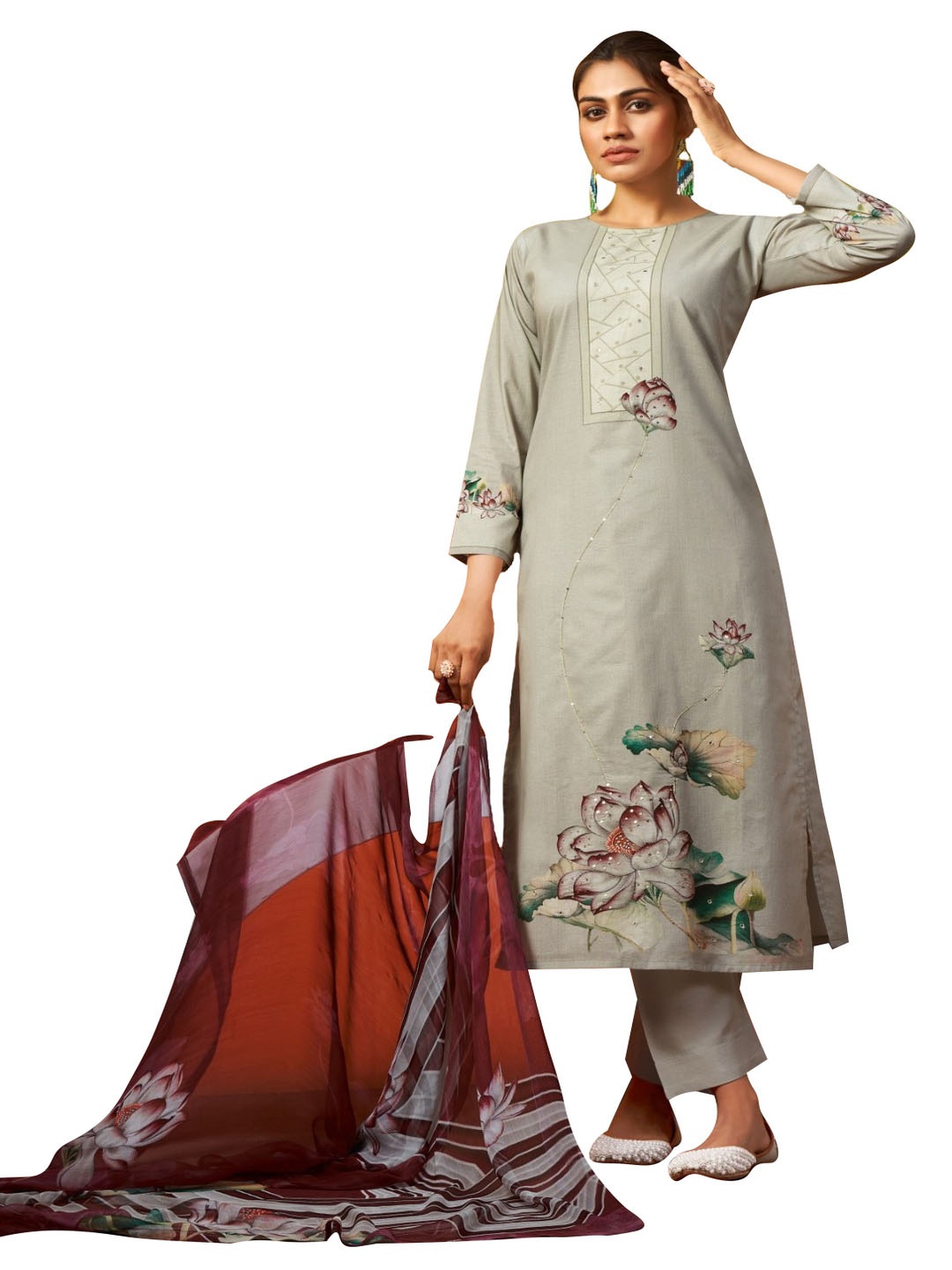 

DRAVINAM Floral Printed Sequinned Pure Cotton Unstitched Dress Material, Grey