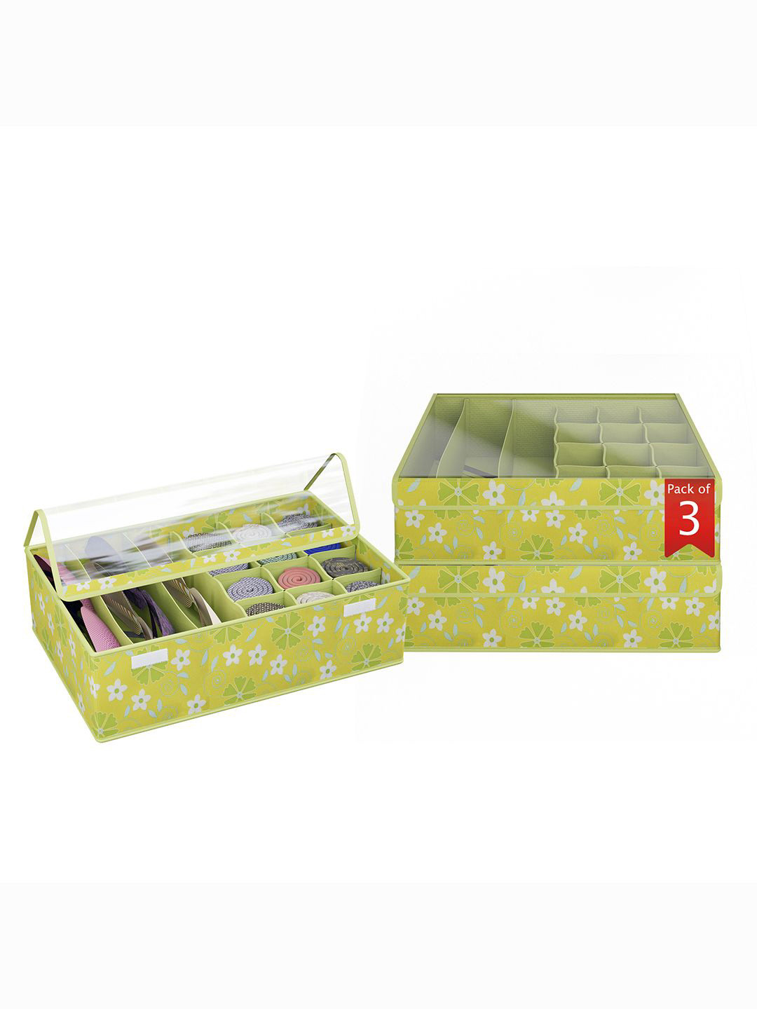 

Kuber Industries Green & White Set of 3 Printed Reusable Drawer Organisers