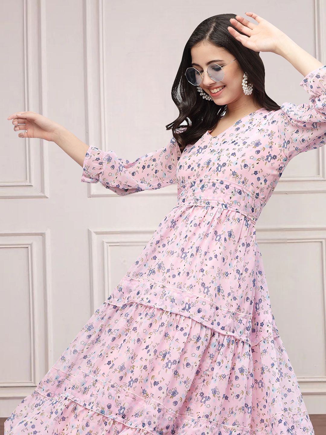 

MISS AYSE Women Floral Printed Cotton Fit & Flare Maxi Dress, Pink