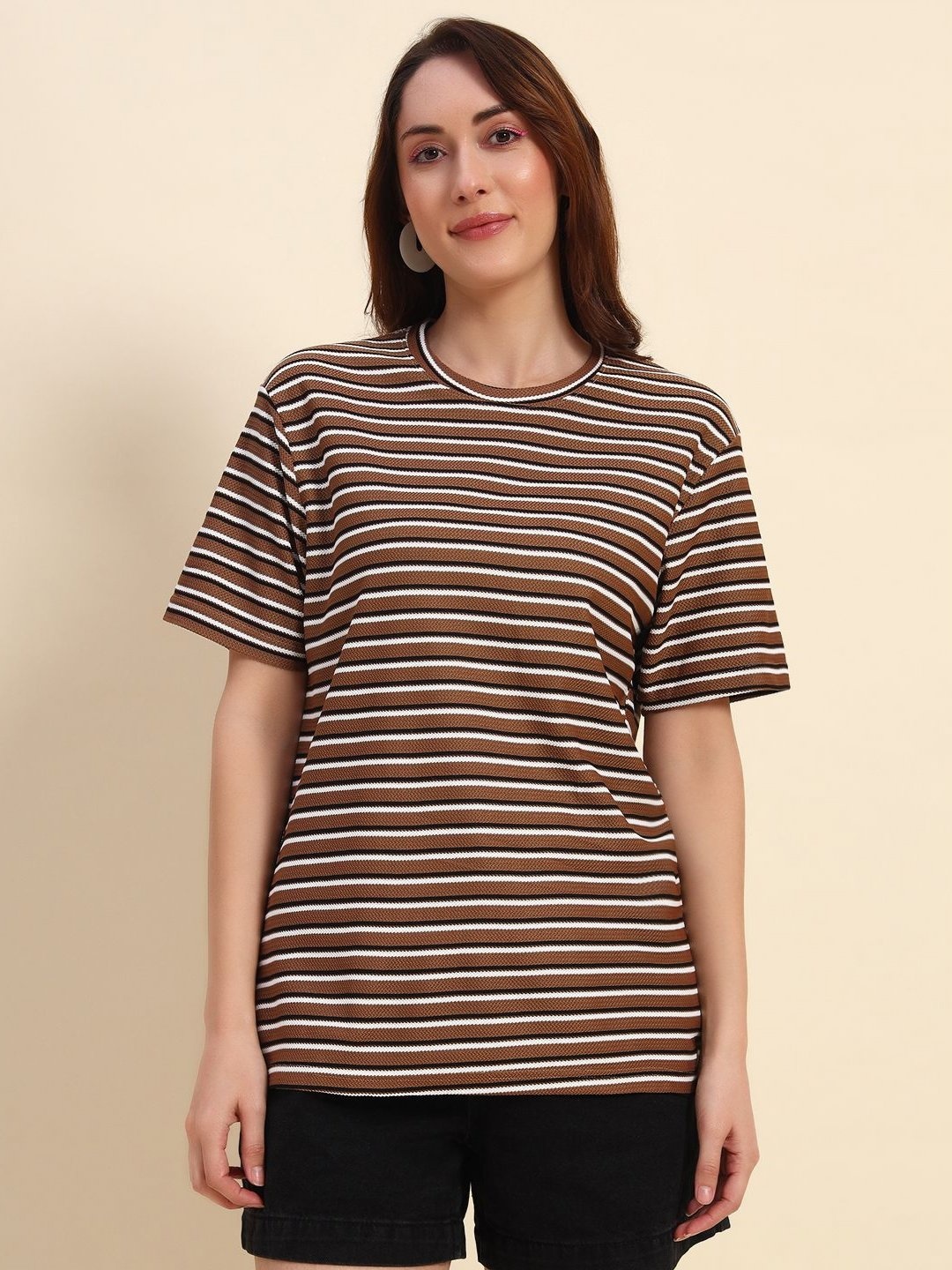 

The Dry State Women Striped Cut Outs T-shirt, Brown