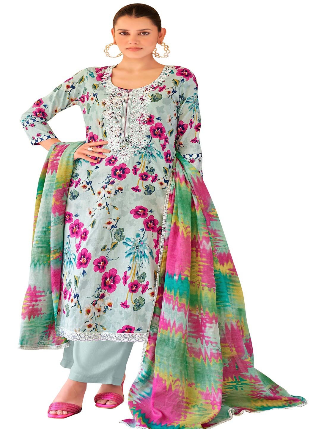 

DRAVINAM Trends Floral Embroidered Pure Cotton Unstitched Dress Material, Grey