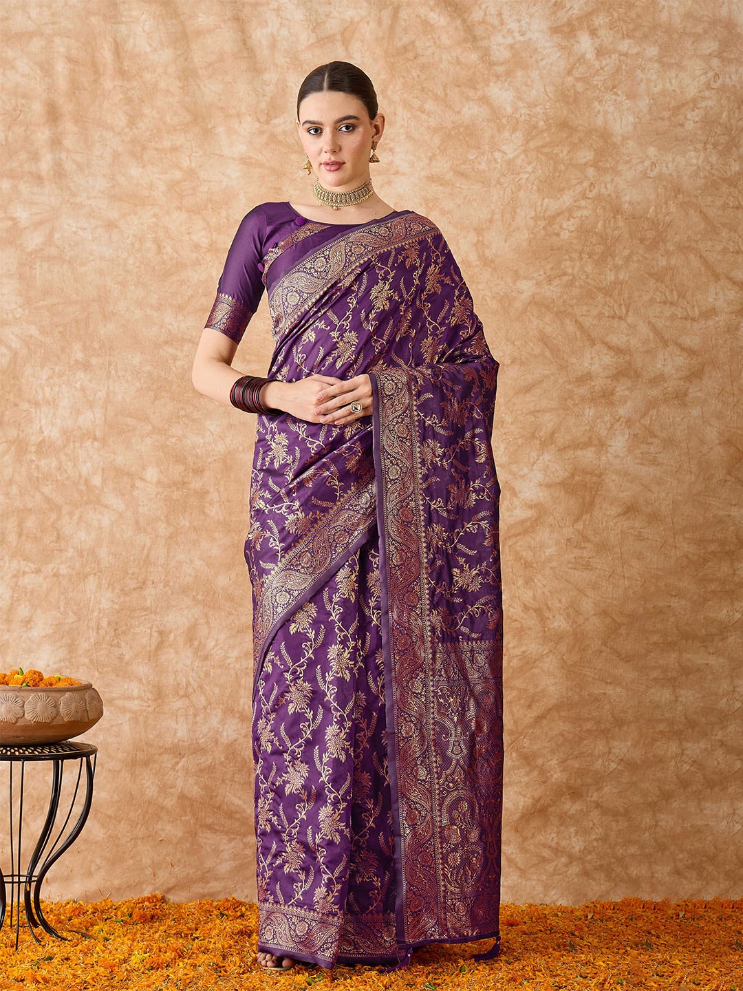 

MANVAA Woven Design Zari Silk Blend Banarasi Saree, Purple