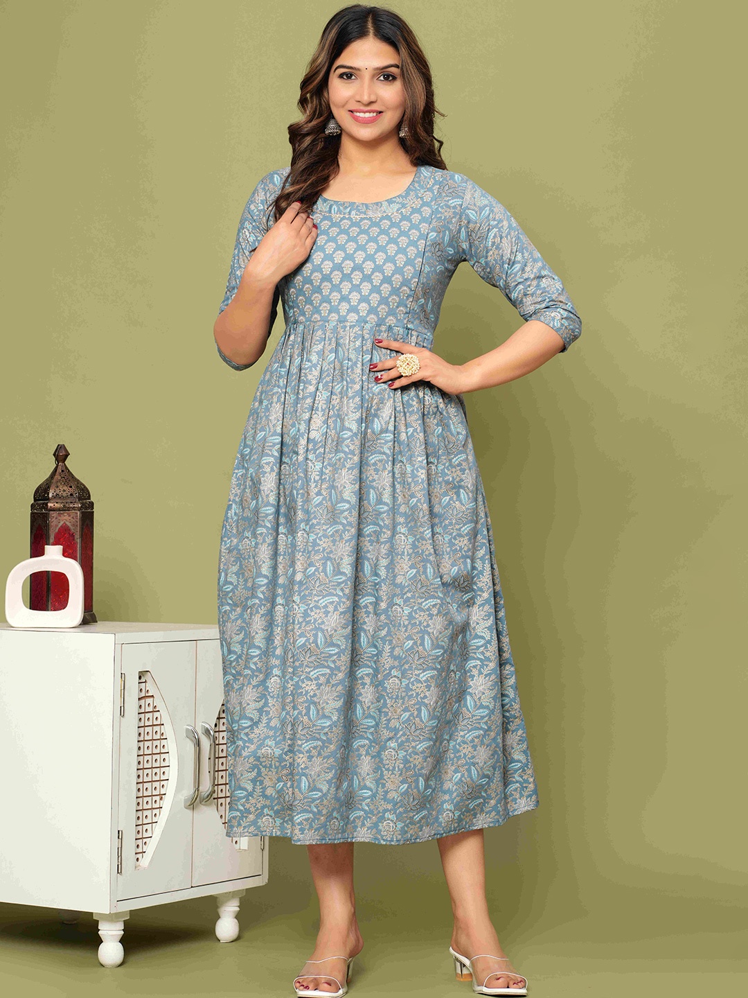 

mad fury Women Ethnic Motifs Printed Maternity Cotton Fit and Flare Midi Dress, Blue