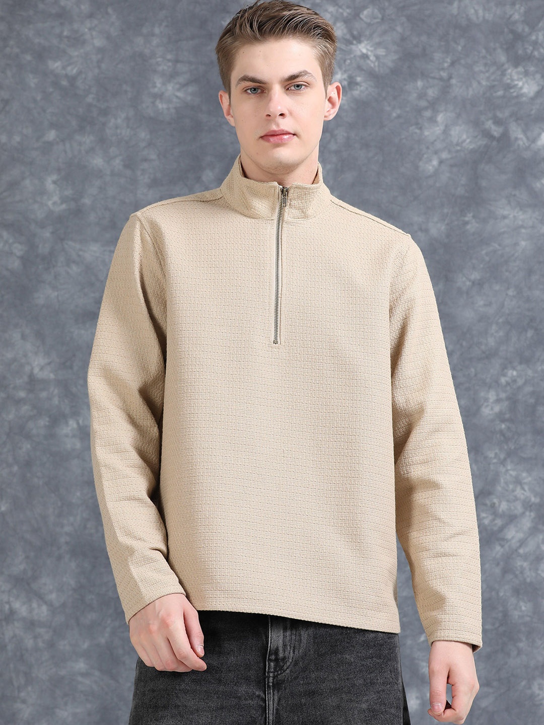 

StitchX Men Full Sleeve Textured Jacquard Zippered Tailored Jacket, Cream