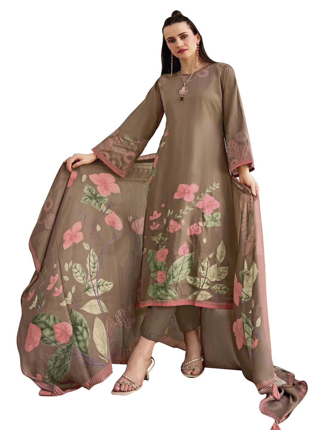 

DRAVINAM Trends Floral Printed Pure Cotton Unstitched Dress Material, Brown