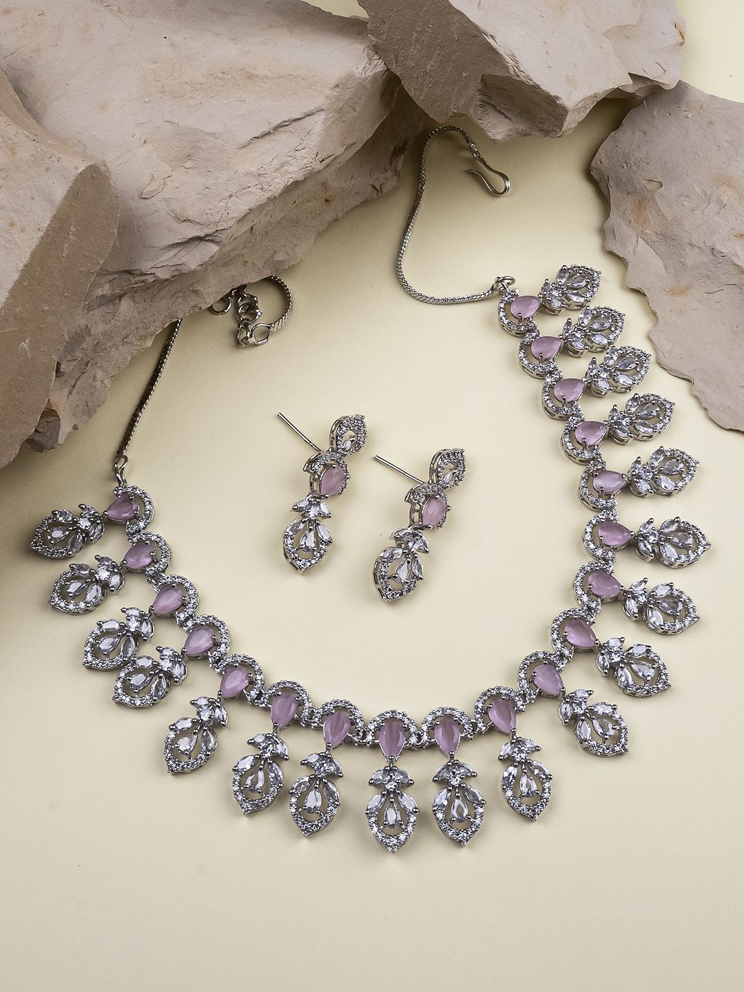 

StileAdda Sliver Plated American Diamond Studded Jewellery Set, Pink