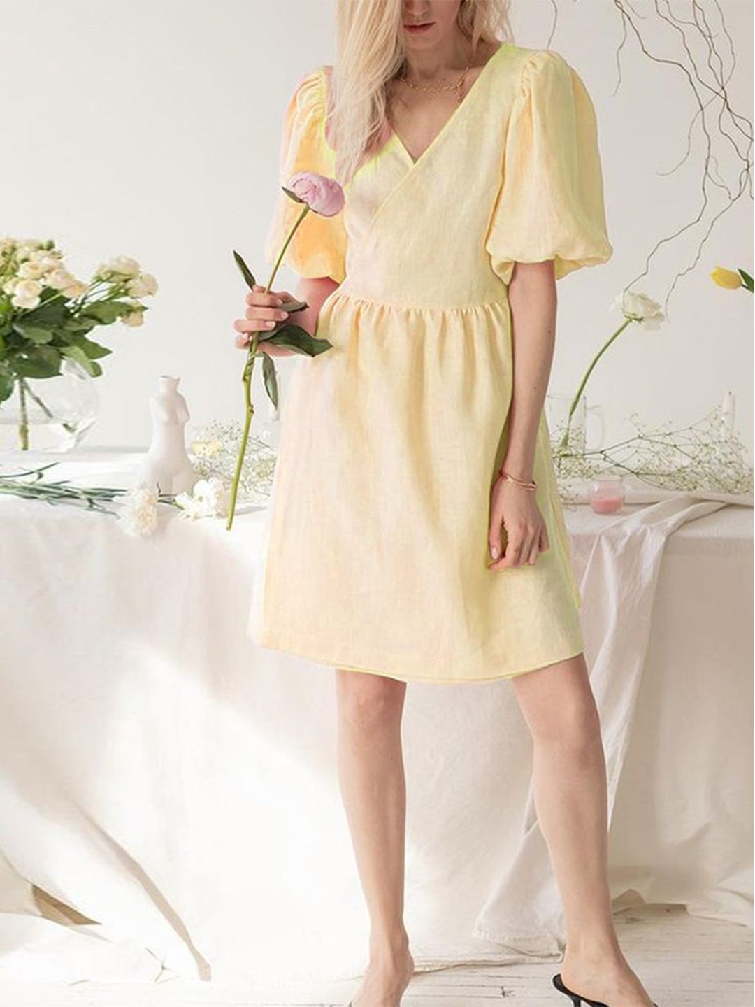 

LULU & SKY Puff Sleeve A-Line Dress, Yellow