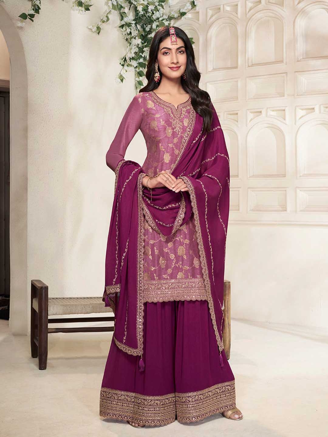 

Seerat Women Ethnic Motifs Embroidered Regular Pure Silk Kurti with Sharara & With Dupatta, Maroon