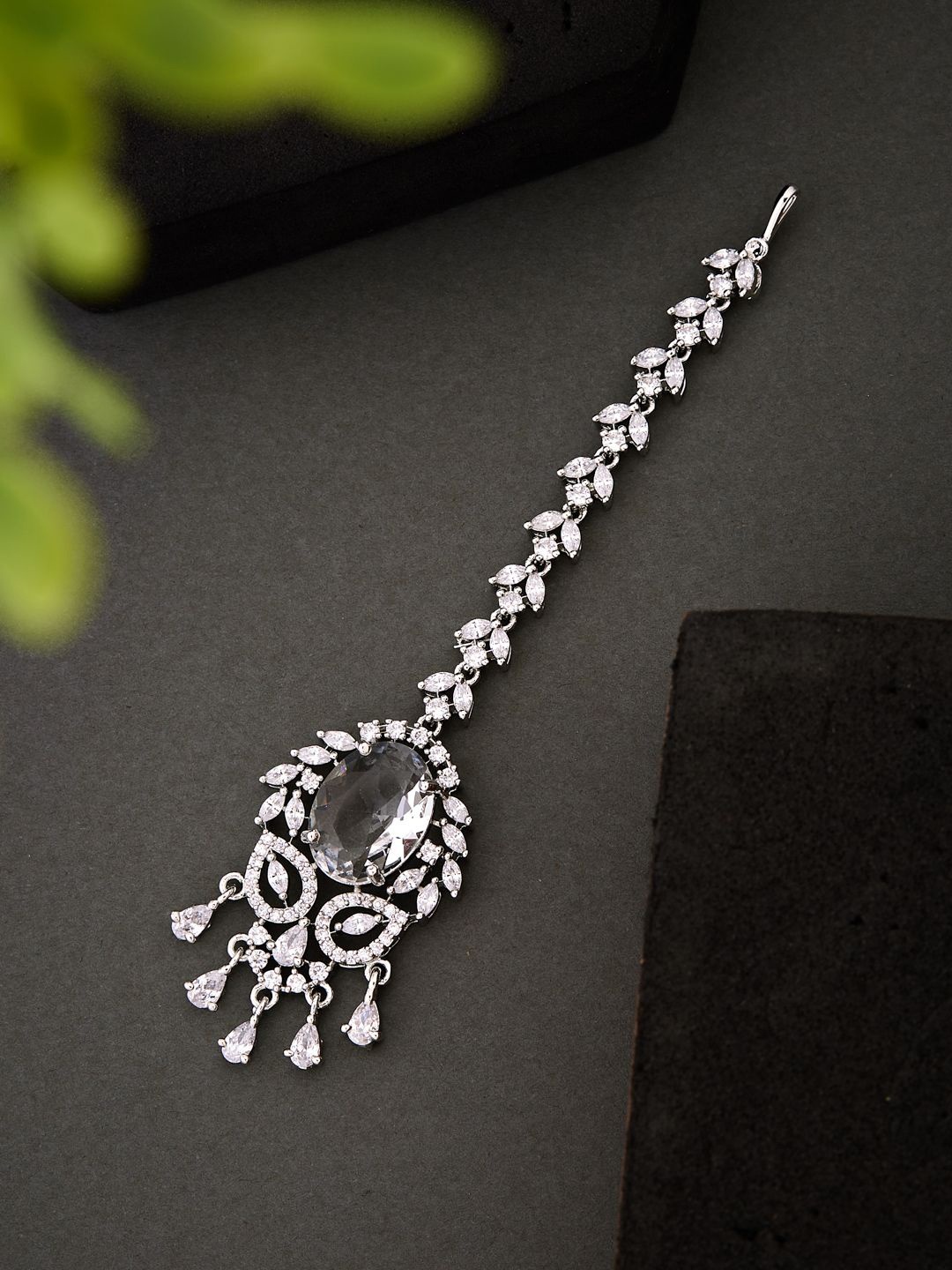 

ATIBELLE Silver-Plated American Diamond Studded Maang Tikka Head Jewellery