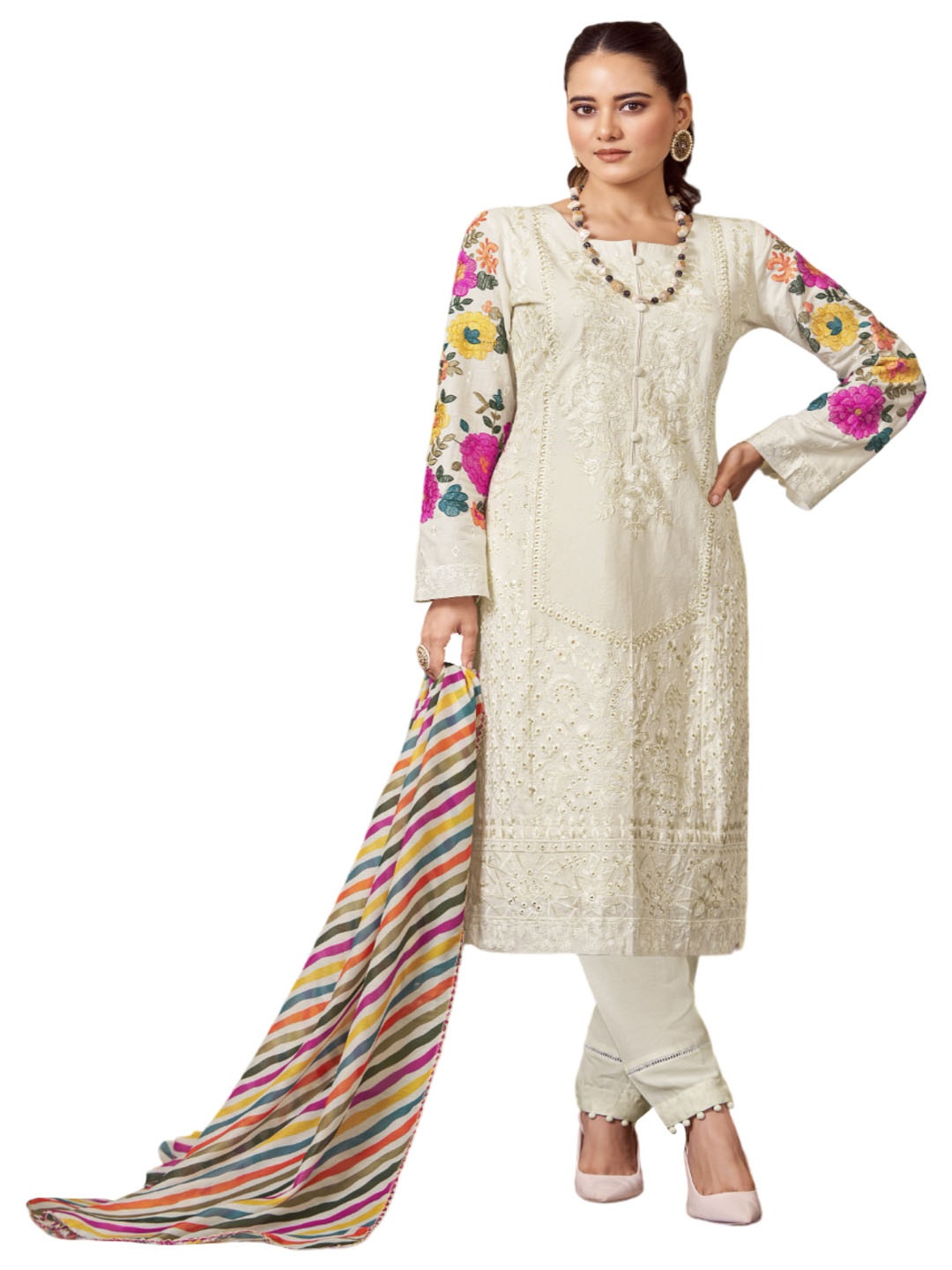 

DRAVINAM Floral Embroidered Pure Cotton Unstitched Dress Material, Cream