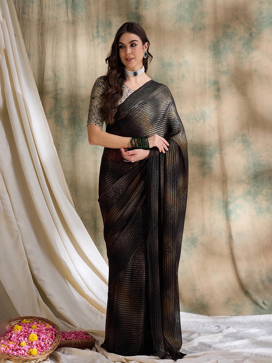 

Maroosh Striped Poly Chiffon Saree, Coffee brown