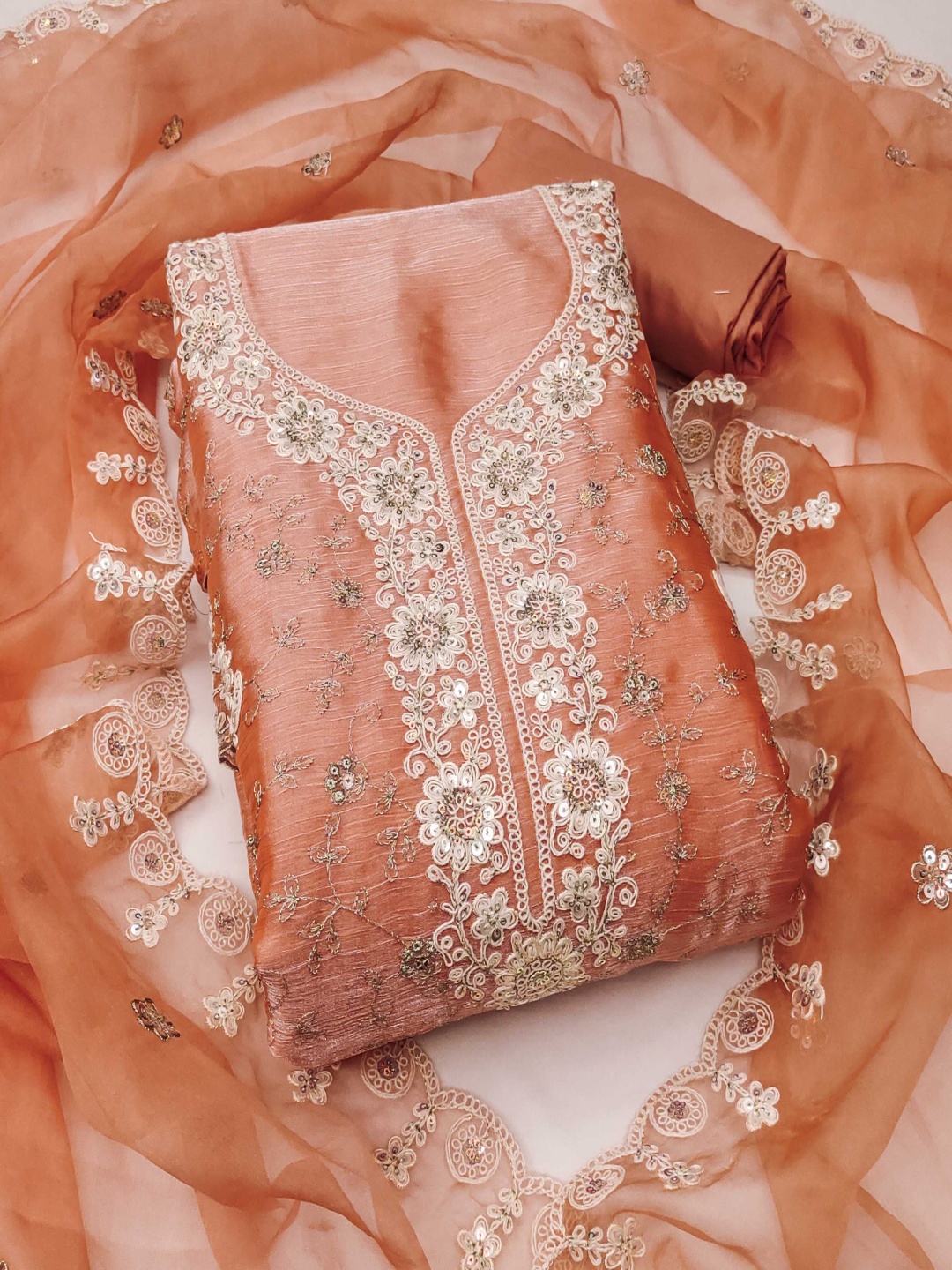 

HERE&NOW Embellished Unstitched Dress Material, Peach