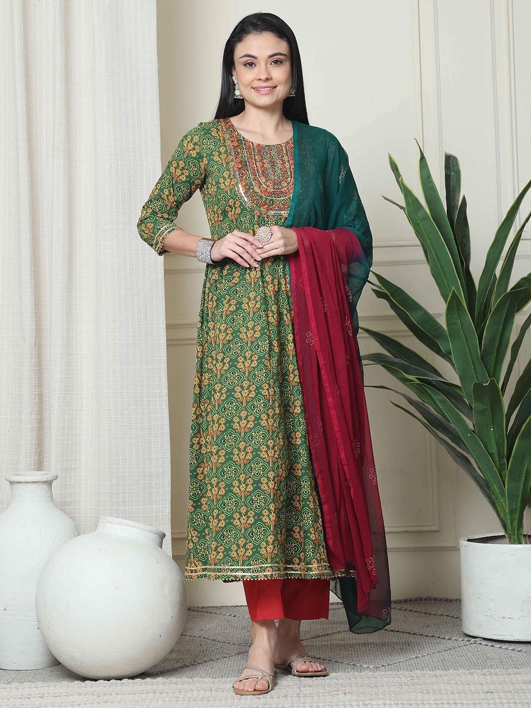 

Rajnandini Floral Printed Pure Cotton A-Line Kurta With Trousers & Dupatta, Green