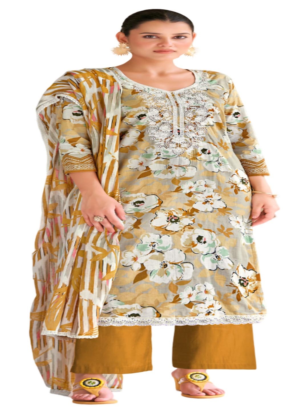 

DRAVINAM Trends Floral Embroidered Pure Cotton Unstitched Dress Material, Brown