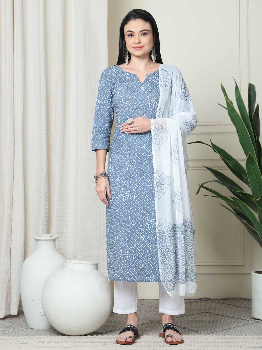 

Rajnandini Floral Printed Pure Cotton Straight Kurta With Trousers & Dupatta, Grey