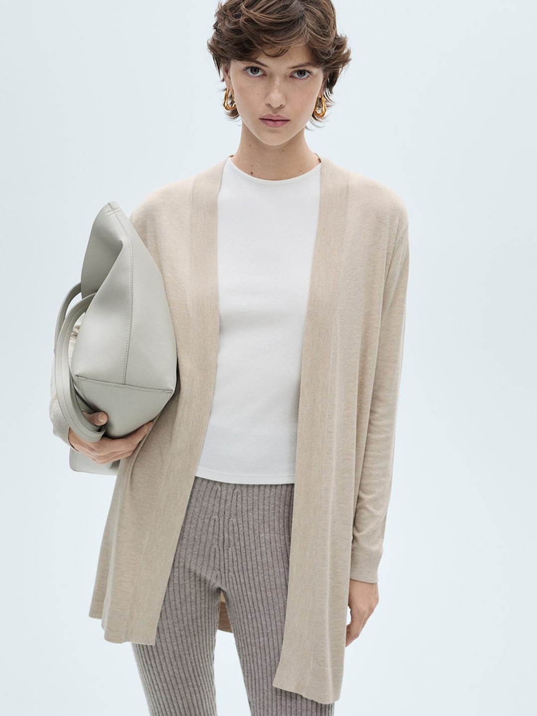 

MANGO Collarless Front-Open Longline Sweater, Beige
