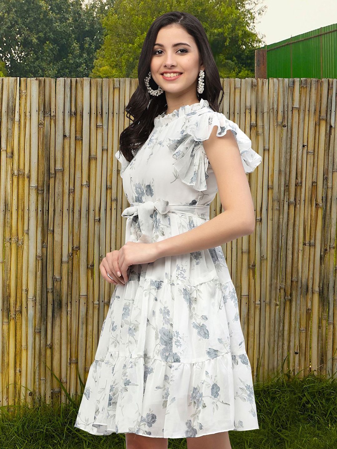 

MISS AYSE Floral Print Applique Fit & Flare Dress, Grey