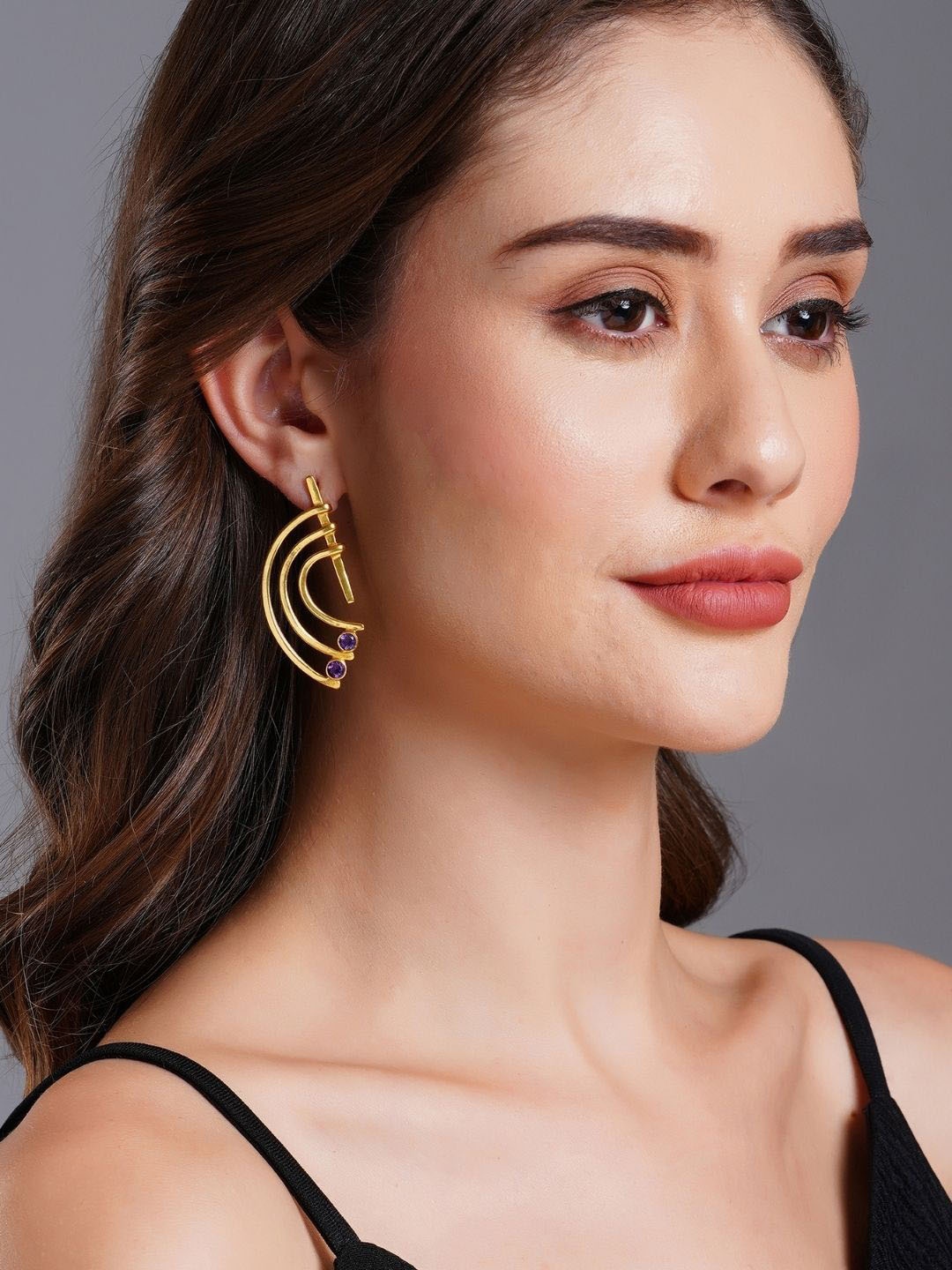 

The Ethereal Store Gold-Plated Amethyst Studded Contemporary Drop Earrings
