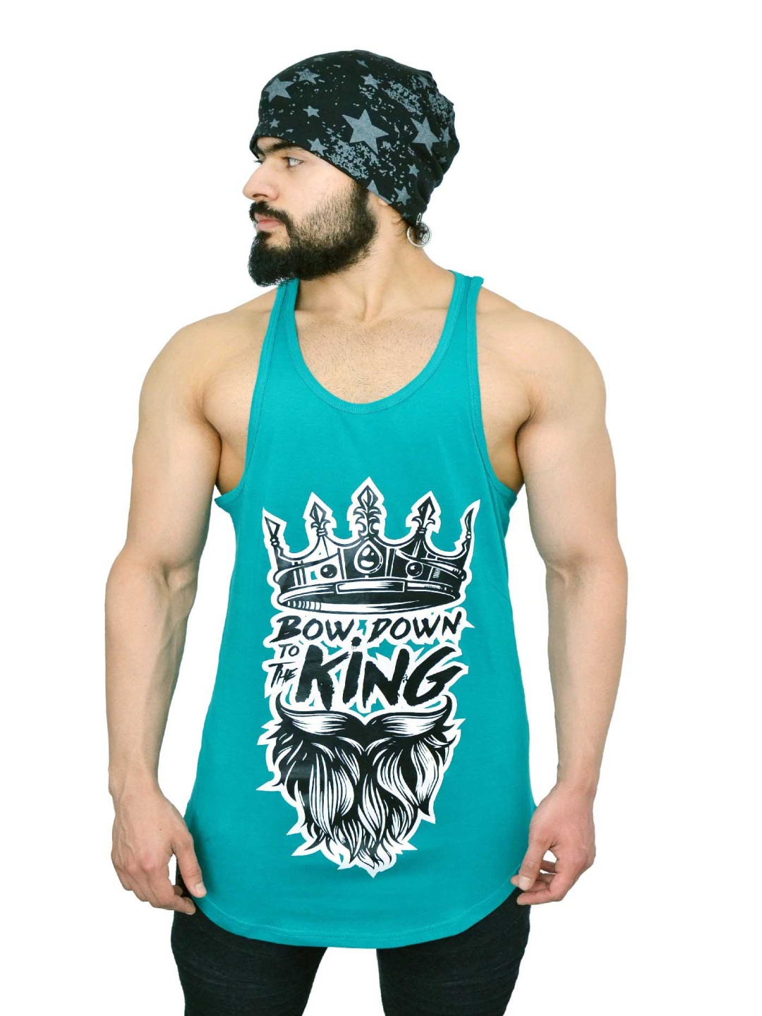 

Anax Aesthetics Men Cotton Lycra Printed Sleeveless Arc Sando Gym Vest Stringer Tank Top, Teal