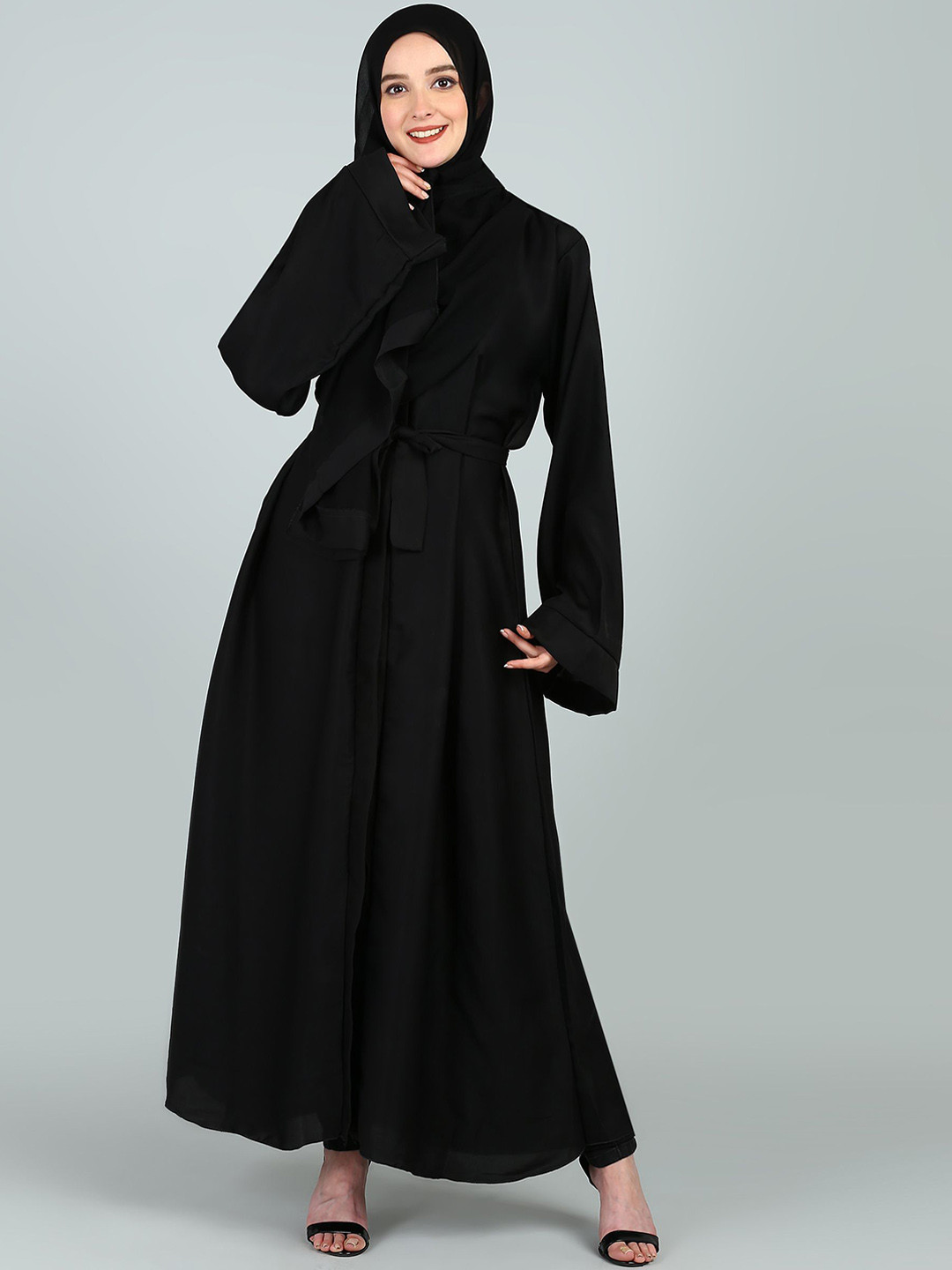 

BROKE BRAND Front Open Abaya With Belt, Black