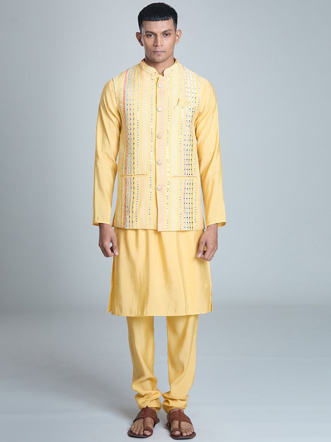 

Aryavir Malhotra Men Embroidered Regular Mirror Work Kurta with Churidar, Yellow