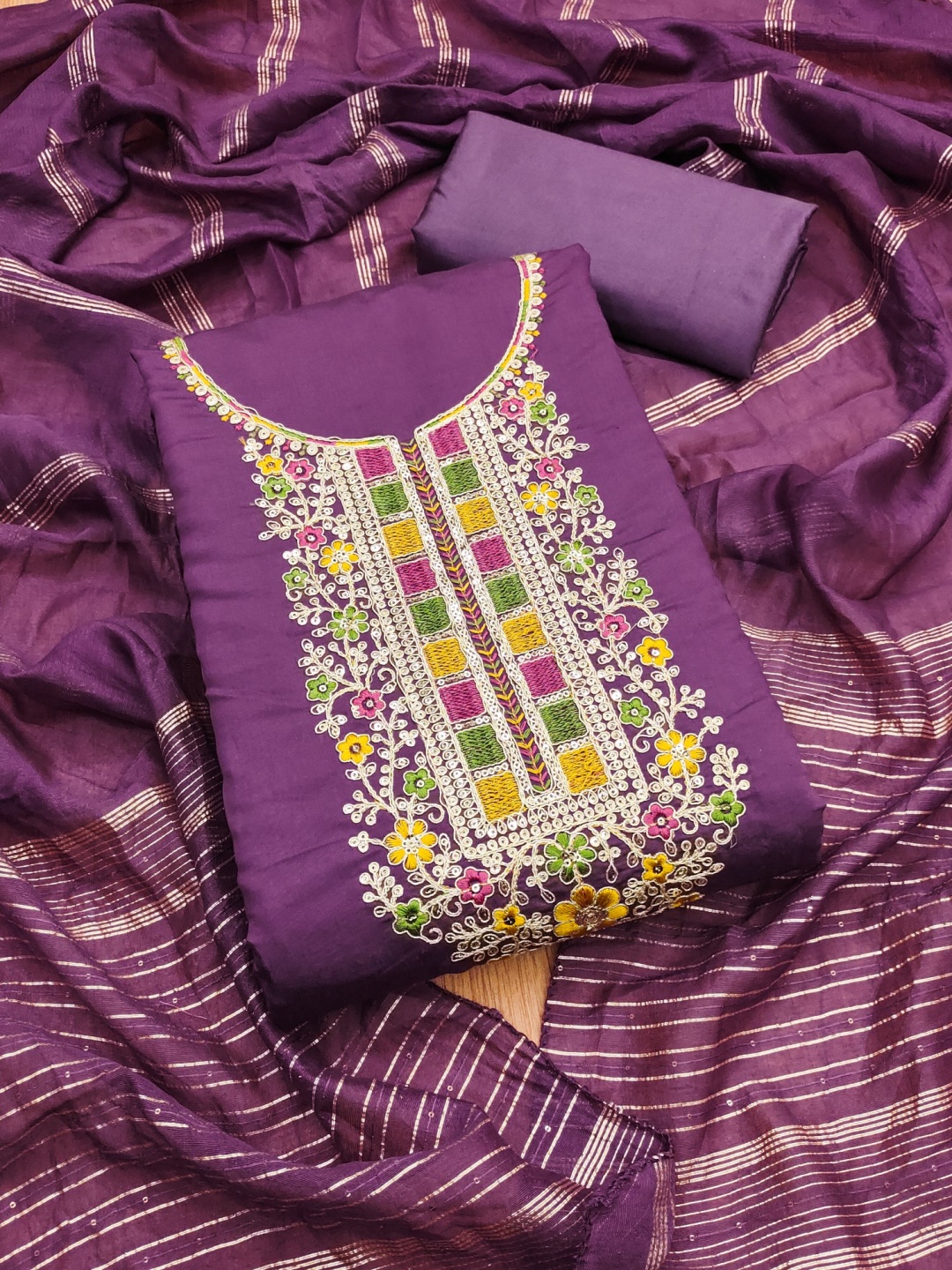 

Panzora Floral Embroidered Cotton Blend Unstitched Dress Material, Purple