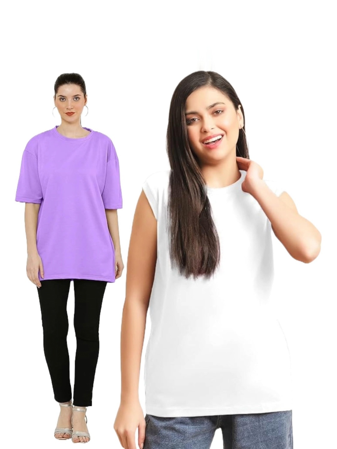 

NOTWILD Women Pack Of 2 Solid Round Neck Cotton Oversized T-shirts, Lavender
