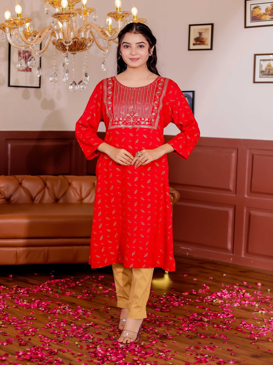 

Chandbaali Floral Embroidered Sequuined Round neck Straight Kurta, Maroon