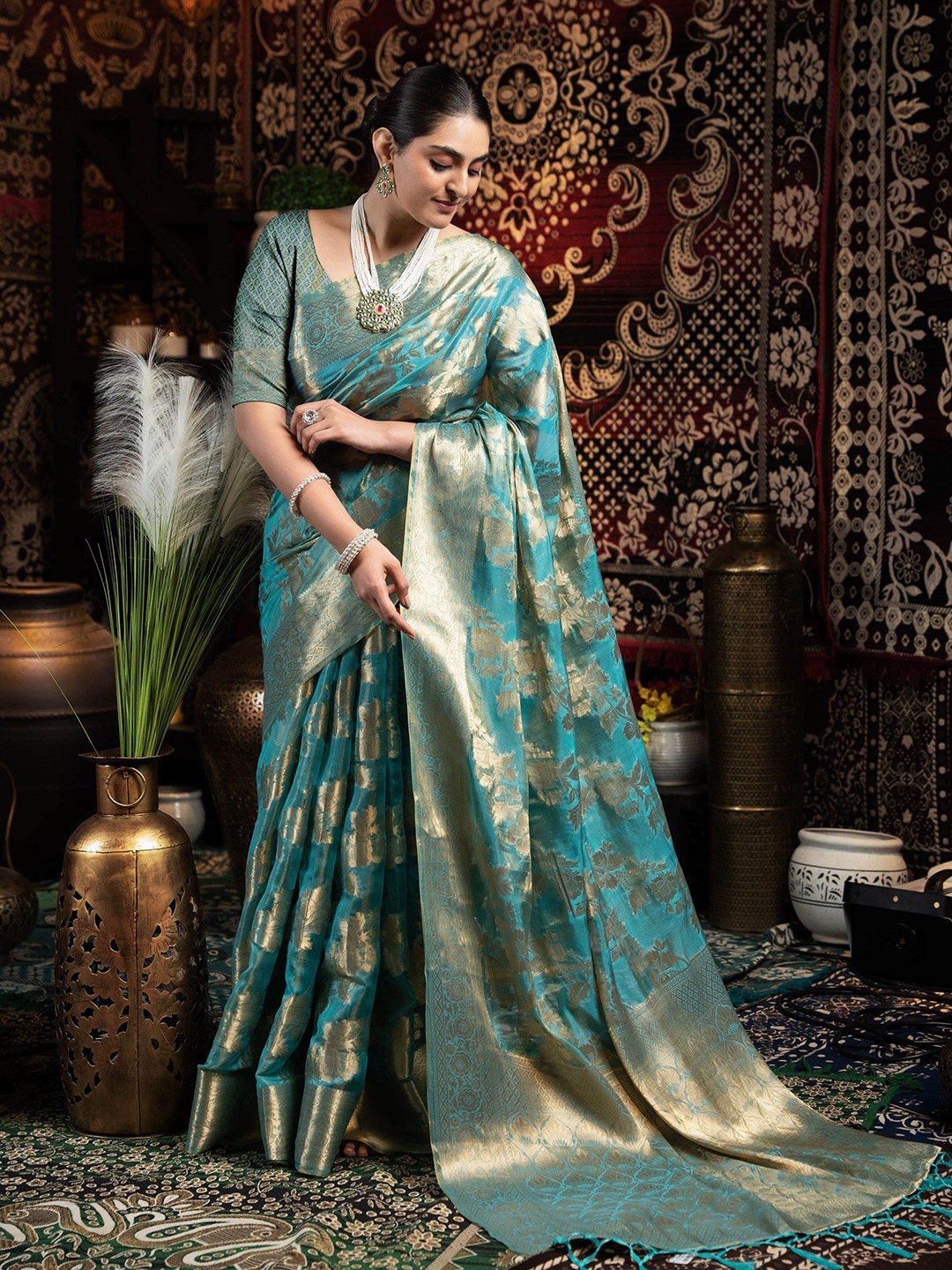 

MAHALASA Woven Design Zari Organza Banarasi Saree, Blue