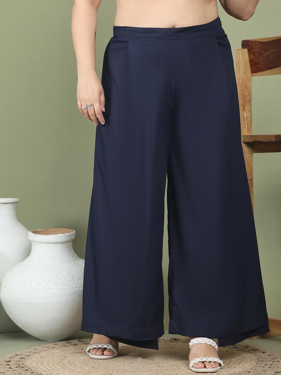 

theRebelinme Women Plus Size High-Rise Easy Wash Trousers, Navy blue