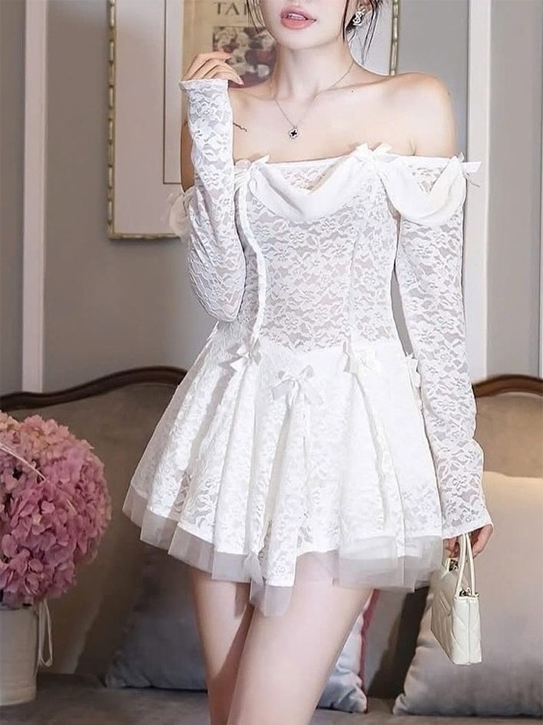 

LULU & SKY Off-Shoulder Bell Sleeve Fit & Flare Dress, White