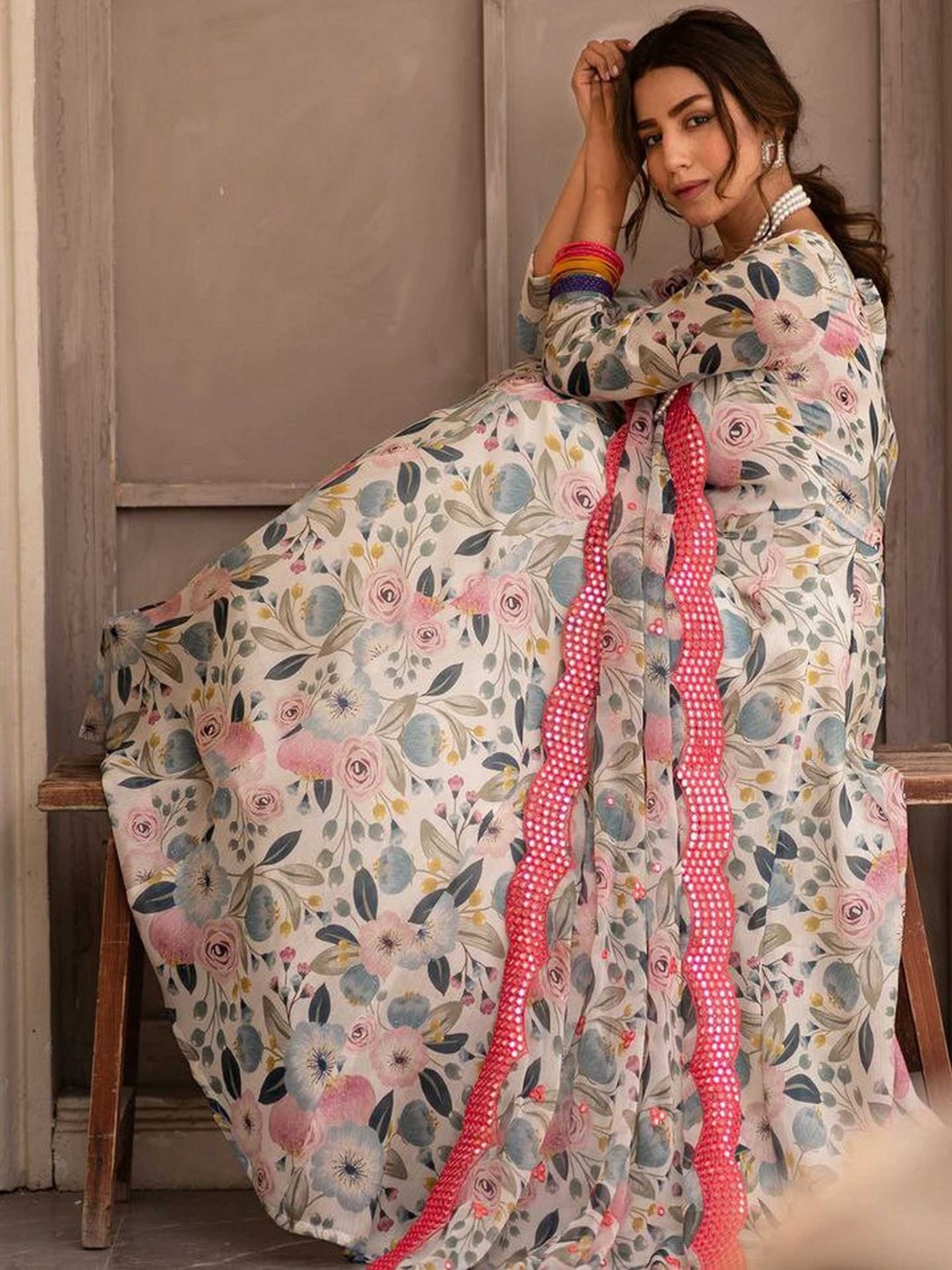 

ZEEPKART Printed Angrakha Kurta With Trousers & Dupatta, Cream