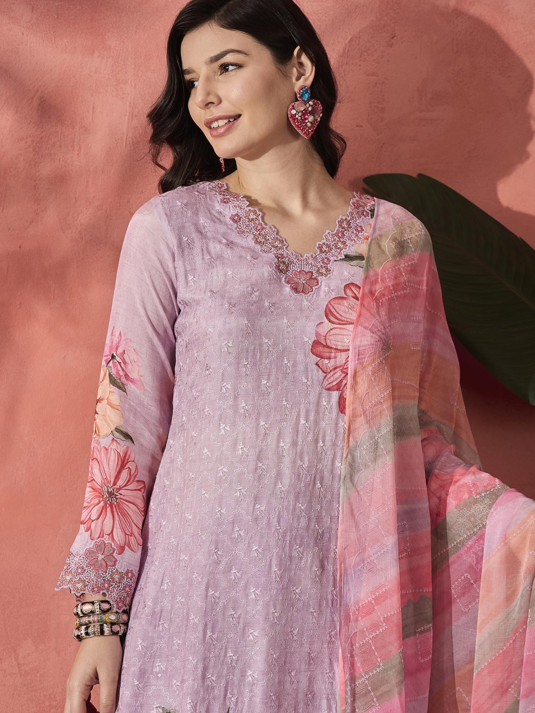 

Sangria Pink Floral printed With Schiffli Embroidered Work Kurta With Trouser And Dupatta