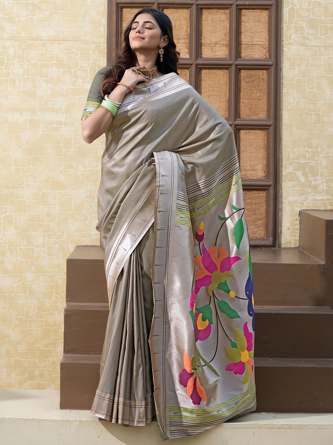 

Satrani Woven Design Zari Paithani Saree, Grey