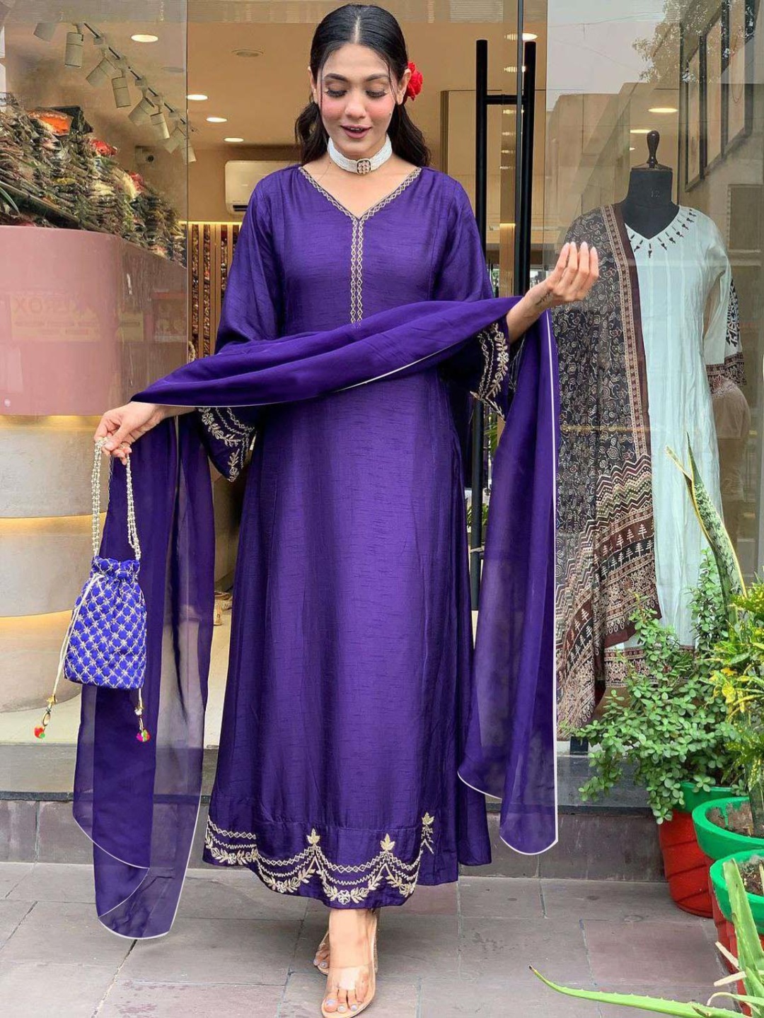 

GoSriKi Floral Embroidered Thread Work Anarkali Kurta With Trouser And Dupatta, Purple