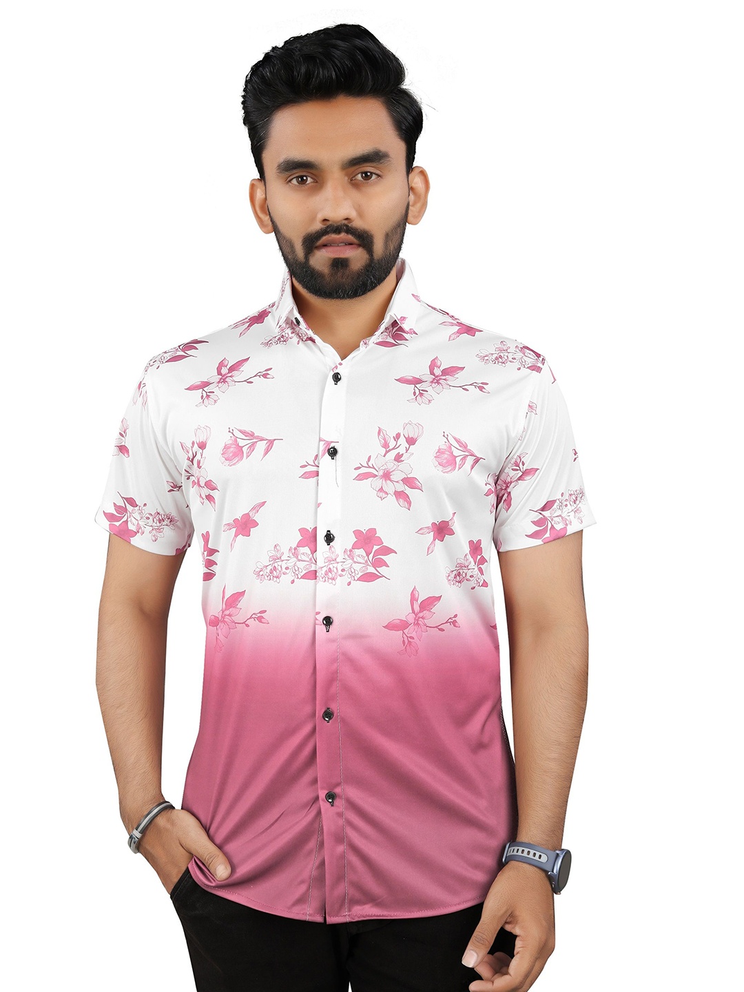 

Fashion FRICKS Men Classic Floral Opaque Printed Casual Shirt, Rose gold