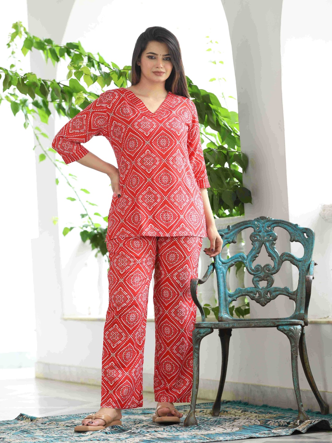 

Vaimiya Printed Cotton Tunic With Trouser Co-Ords, Red